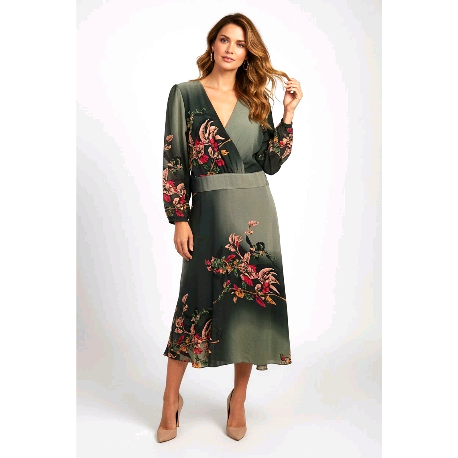 Y2k Chiffon Exotic Asian Dress L Green Floral Fairy Whimsigoth Boho Office Chic